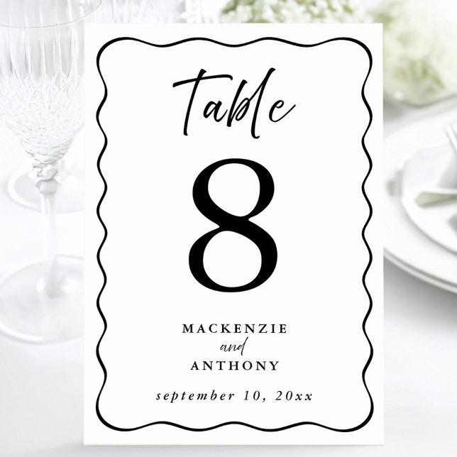 Wedding Wavy Frame Handwritten Script Black Table Number (Wedding Wavy Frame Handwritten Script Black Table Number)