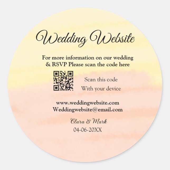 Wedding website add Q R code scan add name date ye Classic Round Sticker (Front)