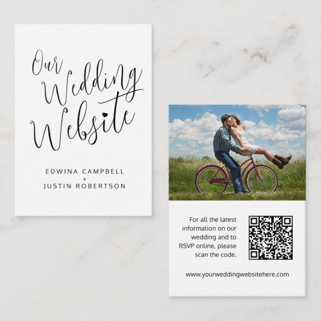 Wedding website black white mono heart QR code Enclosure Card (Front/Back)