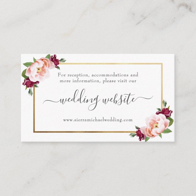 Wedding Website | Blush Burgundy Gold Floral Enclosure Card (Front)
