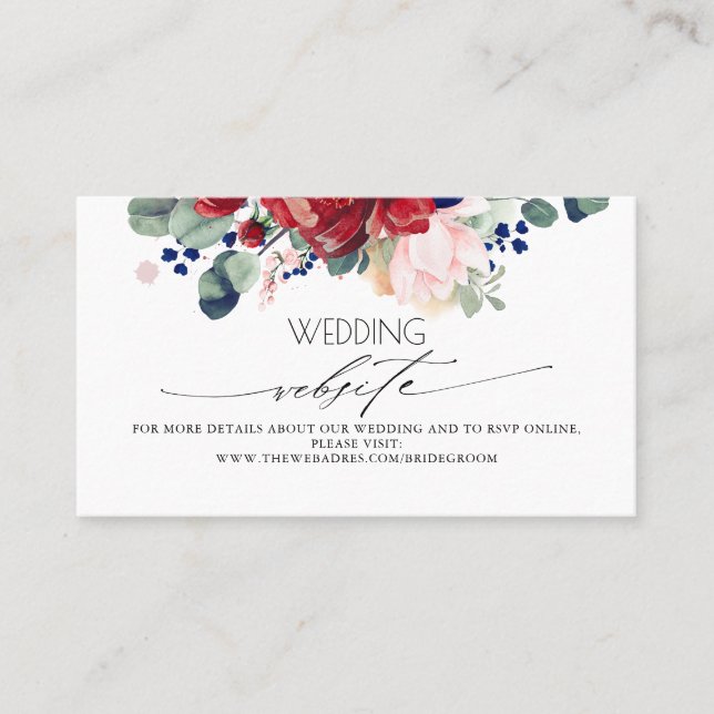 Wedding Website Burgundy and Navy Blue Floral Business Card (Front)