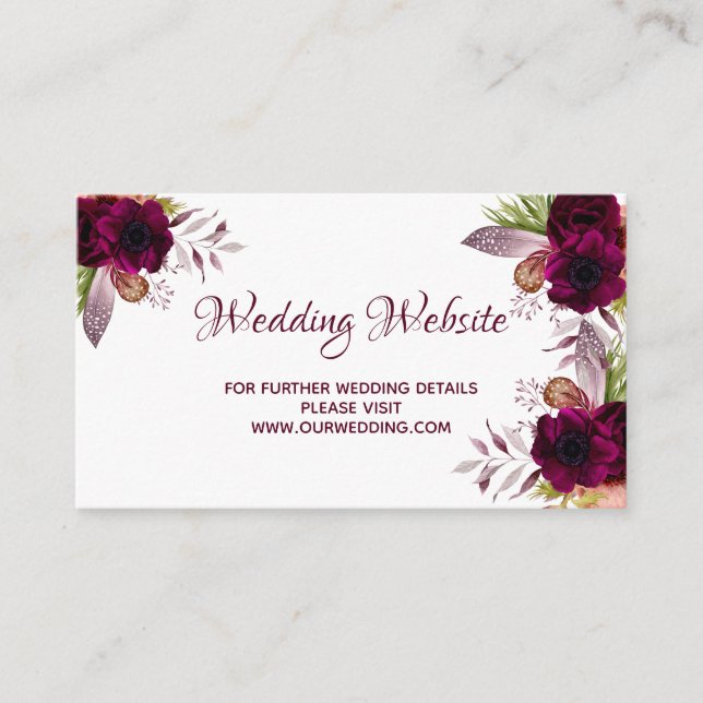 Wedding website details pink floral burgundy enclosure card (Front)