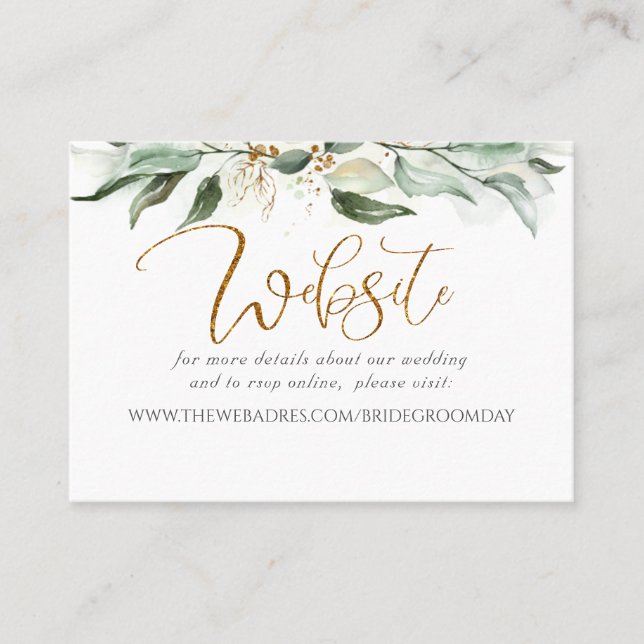 Wedding Website Gold Greenery Business Card (Front)