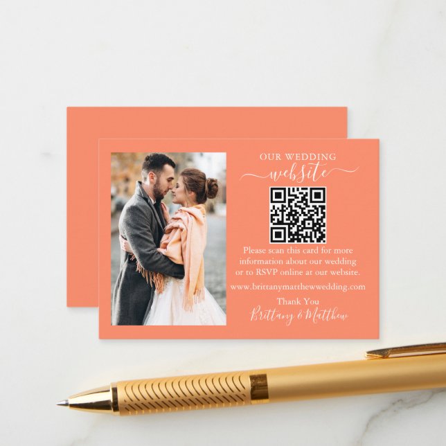 Wedding Website Minimalist Simple QR Photo Coral Enclosure Card (Front/Back In Situ)