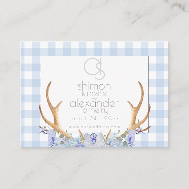 Wedding Website  | Monogram Blue Gingham Floral Business Card (Front)