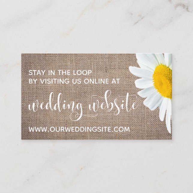 Wedding Website, Pretty Script, Burlap & Daisies Enclosure Card (Front)