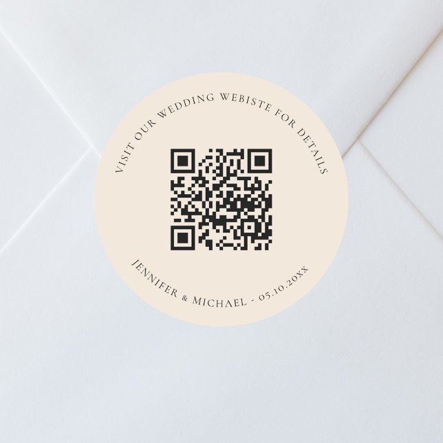 Wedding website QR code details rsvp beige Classic Round Sticker (Creator Uploaded)
