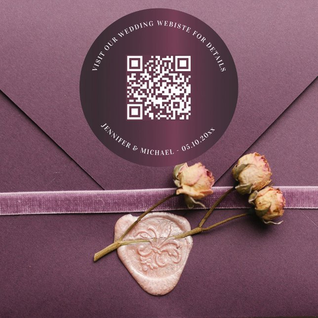 Wedding website QR code details rsvp burgundy Classic Round Sticker (Creator Uploaded)