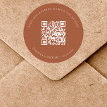 Wedding website QR code details rsvp burnt orange Classic Round Sticker<br><div class="desc">Add your url for your wedding website.  For information,  details,  online rsvp.  Burnt orange coloured background,  white text.</div>