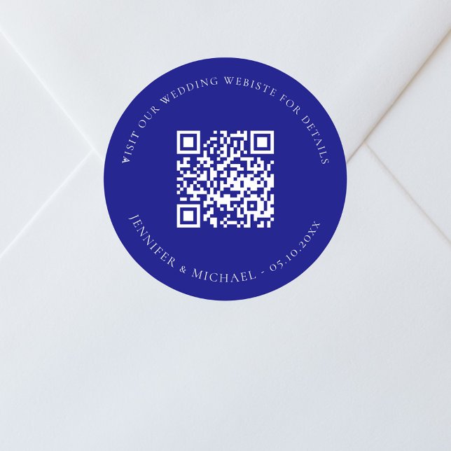 Wedding website QR code details rsvp navy blue Classic Round Sticker (Creator Uploaded)