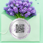 Wedding website QR code details rsvp silver violet Classic Round Sticker<br><div class="desc">Add your url for your wedding website.  For information,  details,  online rsvp. A faux silver looking background,  decorated with faux violet,  purple glitter.</div>