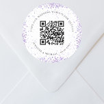 Wedding website QR code details rsvp violet white Classic Round Sticker<br><div class="desc">Add your url for your wedding website.  For information,  details,  online rsvp.  A white background decorated with violet sparkles.</div>