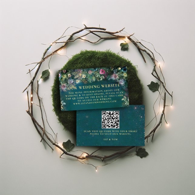Wedding Website QR Code Enchanted Forest Rose Arch Enclosure Card (wedding website enclosure enchanted forest fairy tale woodland magical garden emerald green gold)