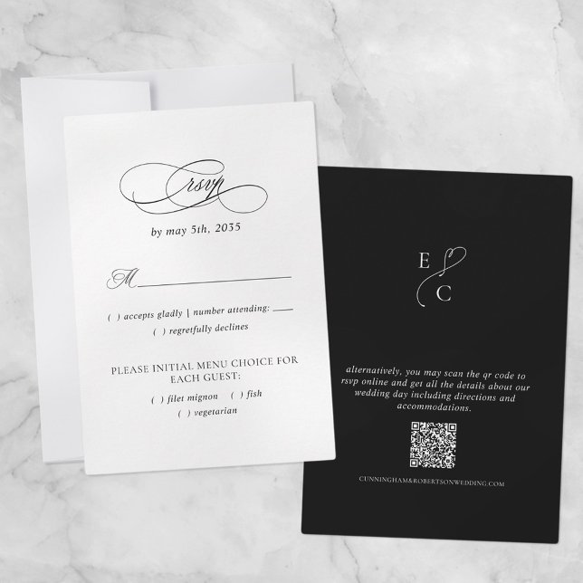 Wedding Website QR Code Meal Choice Black & White  RSVP Card (Creator Uploaded)