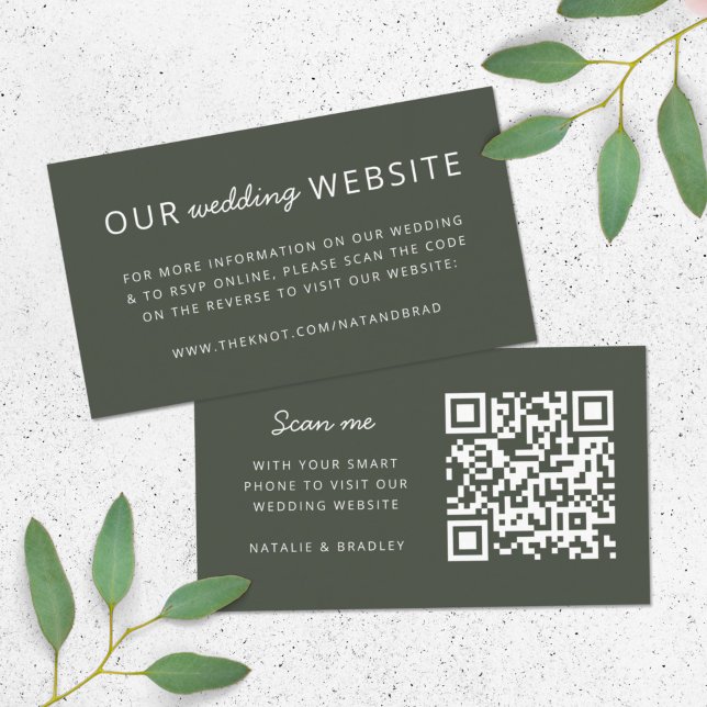 Wedding Website | QR Code Olive Green Minimalist Enclosure Card (Direct guests seamlessly to your wedding website using this QR code forest green enclosure card)