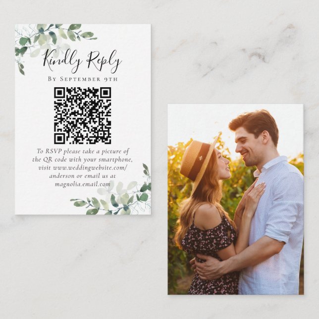 Wedding Website QR Code Photo Eucalyptus RSVP Enclosure Card (Front/Back)