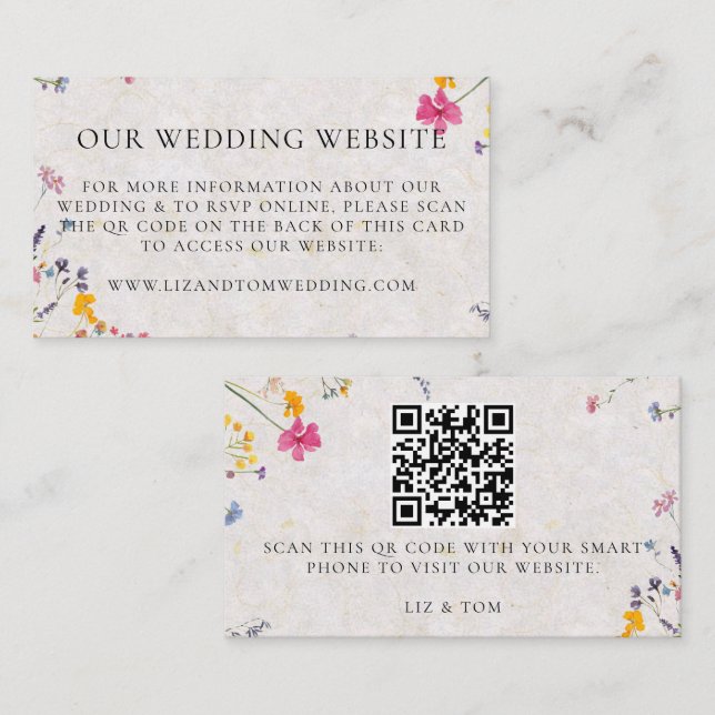 Wedding Website QR Code Wildflower Garden Blush Enclosure Card (Front/Back)
