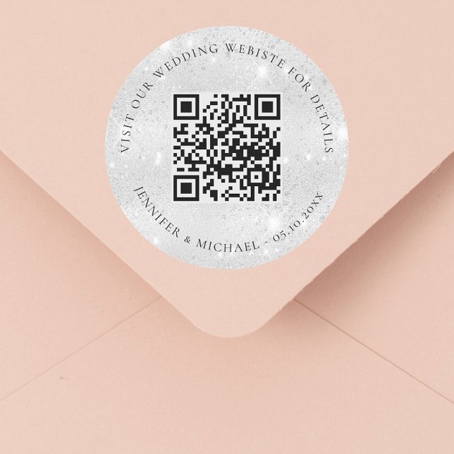 Wedding website QR details information rsvp silver Classic Round Sticker (Creator Uploaded)