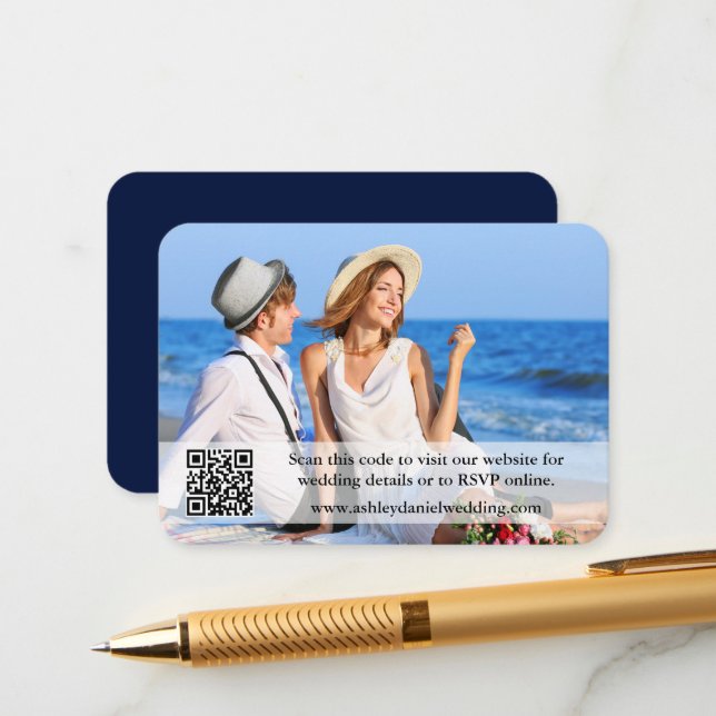 Wedding Website QR Overlay Photo Blue Enclosure Card (Front/Back In Situ)