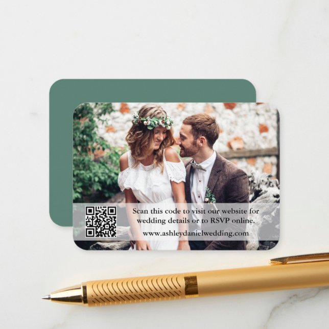 Wedding Website QR Overlay Photo Eucalyptus Green Enclosure Card (Front/Back In Situ)
