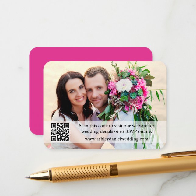 Wedding Website QR Overlay Photo Hot Pink Enclosure Card (Front/Back In Situ)
