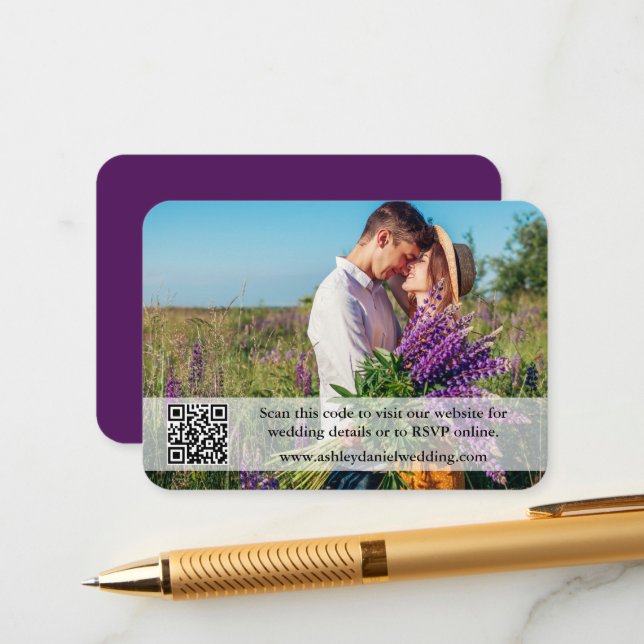 Wedding Website QR Overlay Photo Purple Enclosure Card (Front/Back In Situ)