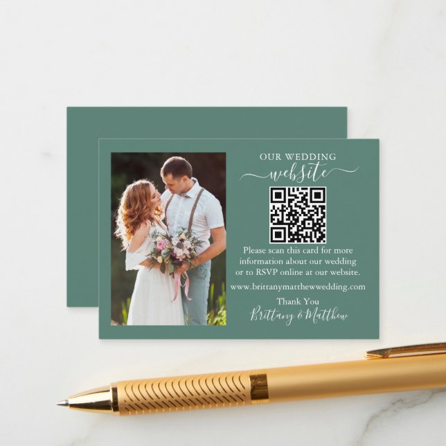 Wedding Website QR Photo Eucalyptus Green Enclosure Card (Front/Back In Situ)