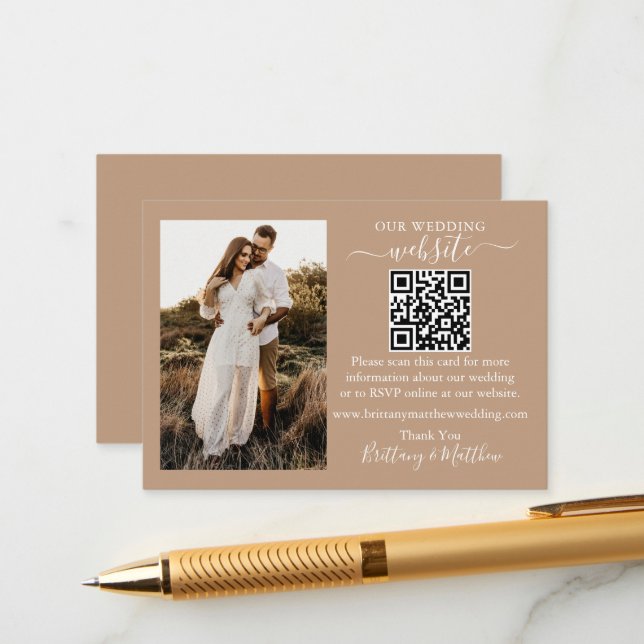 Wedding Website QR Photo Taupe Enclosure Card (Front/Back In Situ)