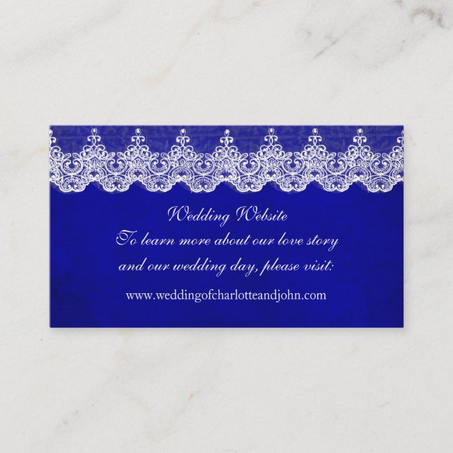 Wedding Website Royal White Blue Cobalt Lace Enclosure Card (Front)