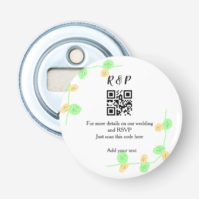 Wedding website rsvp q r code add name text thr bottle opener (Front)