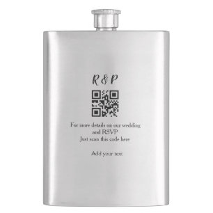 Wedding website rsvp q r code add name text thr hip flask