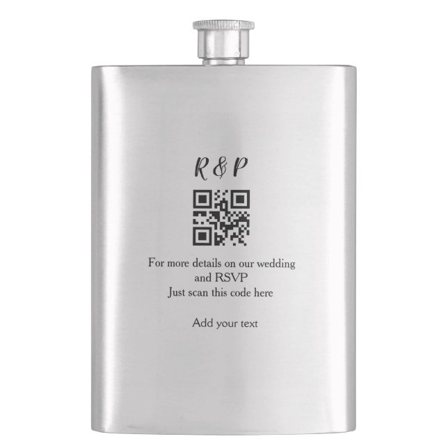 Wedding website rsvp q r code add name text thr hip flask (Front)