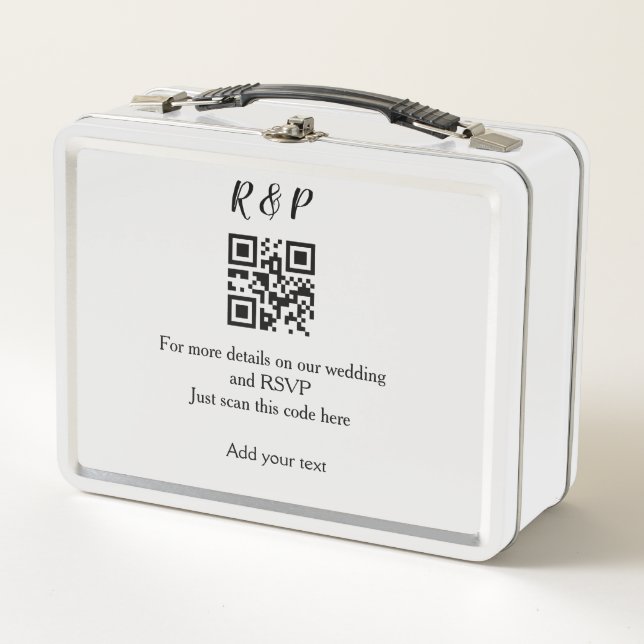 Wedding website rsvp q r code add name text thr metal lunch box (Front)