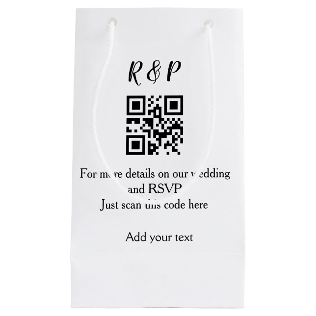 Wedding website rsvp q r code add name text thr small gift bag (Front)