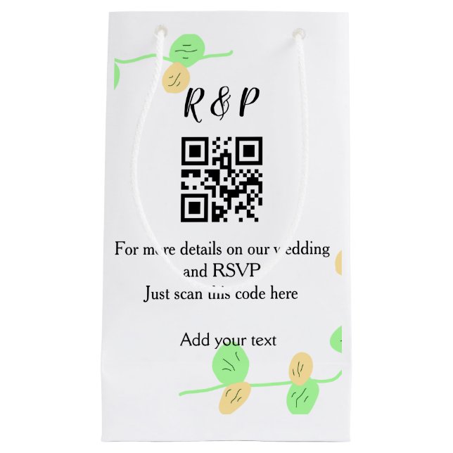 Wedding website rsvp q r code add name text thr small gift bag (Front)