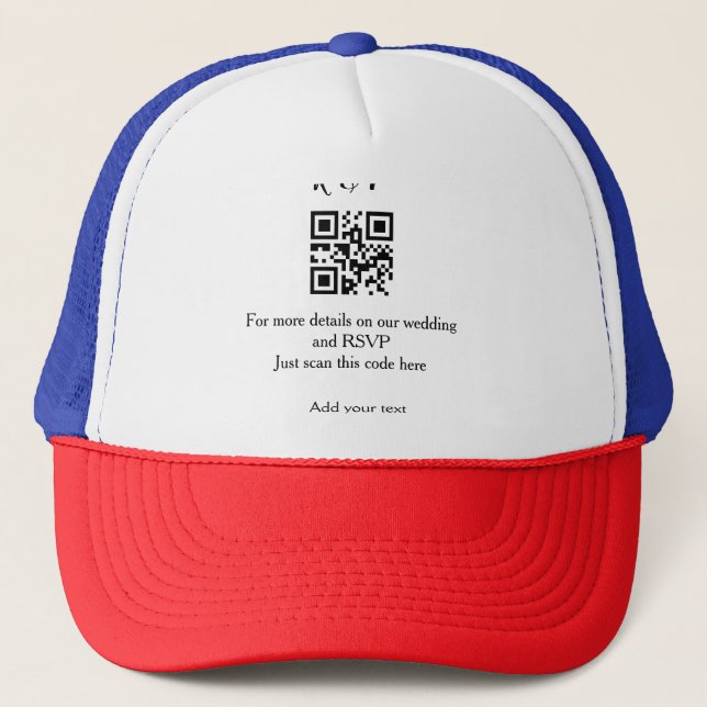 Wedding website rsvp q r code add name text thr trucker hat (Front)