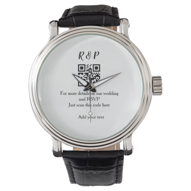 Wedding website rsvp q r code add name text thr watch (Front)