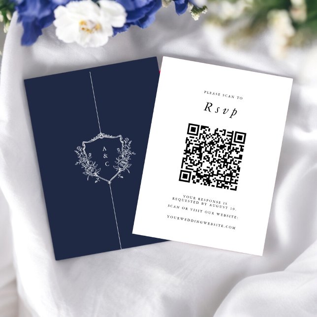  Wedding Website | RSVP QR Code Photo navy Enclosure Card (qr code rsvp in navy blue and white ideal for if your having a wedding website )