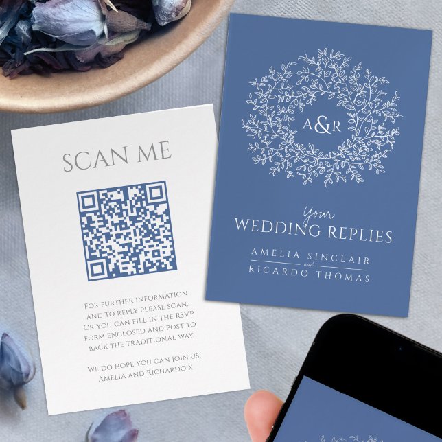 Wedding website Scan QR code monogram blue white Enclosure Card (Creator Uploaded)