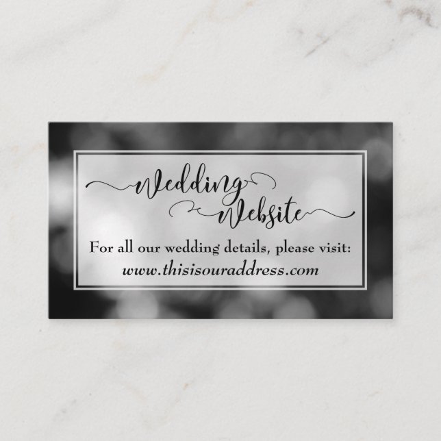 Wedding Website Script, Black & White Bokeh Enclosure Card (Front)