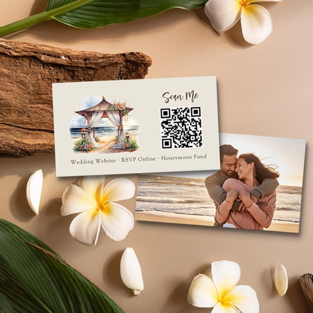 Wedding Website Wooden Beach Arch and Couple Photo Enclosure Card (Wedding Website QR Code Card from the Sunset Beach Wedding Collection by Darling & May)