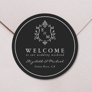 Wedding Weekend Crest Monogram Black Welcome Classic Round Sticker