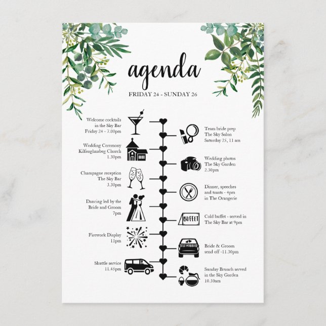 Wedding Weekend Greenery Guest Agenda  Advice Card (Front)