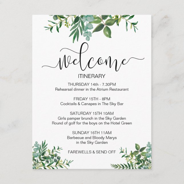Wedding Weekend Greenery Illustration Welcome Enclosure Card (Front)