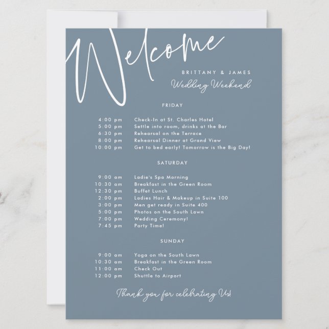 Wedding Weekend Itinerary Blue Welcome Card (Front)