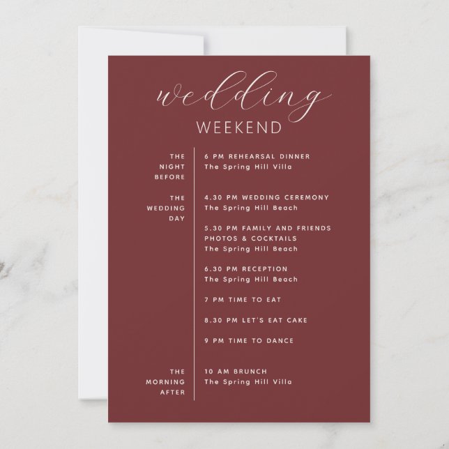 Wedding Weekend Itinerary | Deep Wine Red Timeline Invitation (Back)