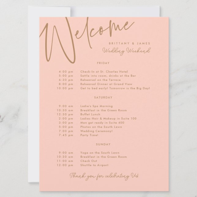 Wedding Weekend Itinerary Peach Gold Welcome Card (Front)