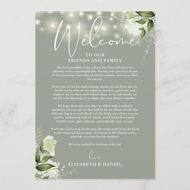 Wedding Weekend Itinerary Sage Green Floral Programme (Front)