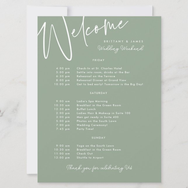 Wedding Weekend Itinerary Sage Green Welcome Card (Front)