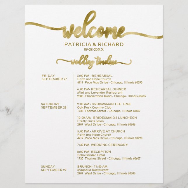 Wedding Weekend Itinerary Simple Chic Timeline (Front)